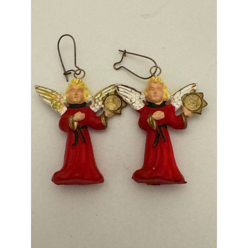 Vintage Christmas Earrings Angels Tambourine Red Robe White Wings MCM Holidays - Picture 4 of 4